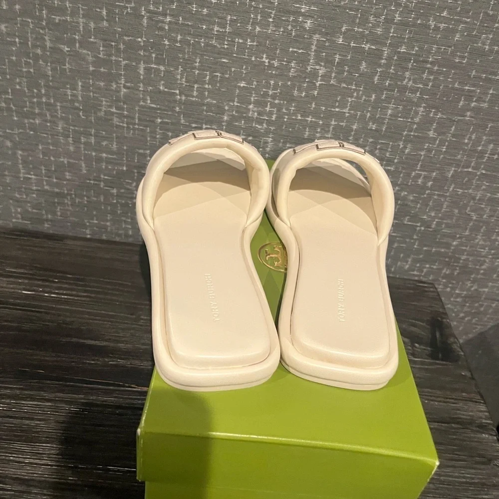 NIB TORY BURCH DOUBLE T SPORT LOGO SLIDE SHOE light cream gold 7.5